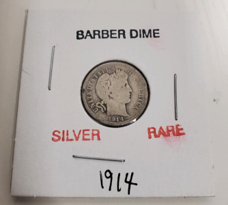 1914 Barber Dime, Silver, United States, 90% Silver Content, Classic Liberty Design