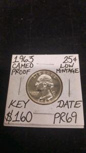 1963 Washington Quarter Proof Cameo PR69, 90% Silver, Low Mintage, Key Date