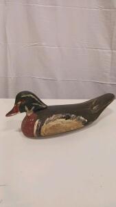 Vintage Hand-Carved Wooden Wood Duck Drake Decoy, Painted, Heavy Wear, 15&rdquo; Long