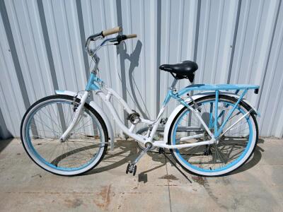 Schwinn Point Beach 26" 7-Speed Beach Cruiser, White/Blue, Rear Rack, Fenders, Comfort Saddle