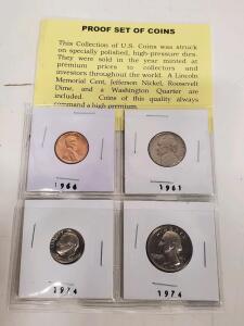 U.S. Proof Set Coins: Lincoln Cent 1964, Jefferson Nickel 1961, Dime & Quarter 1974 in Holders