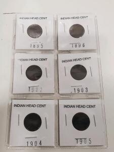 Indian Head Cent Lot &ndash; 1895, 1896, 1902, 1903, 1904, 1905 &ndash; U.S. 1&cent; Coins, Bronze, Philadelphia, 2x2 Holders