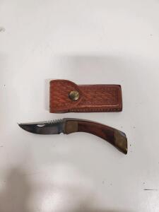 Folding Pocket Knife, Wood & Brass Handle, 3.75" Blade, Lockback, Leather Sheath, USA 127xxxxx