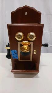 Antique Wall-Mounted Crank Telephone with Dual Brass Bells and Lower Shelf