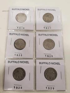 Buffalo Nickel Lot &ndash; 1918, 1920, 1923, 1926, 1928, 1929 &ndash; 5&cent; U.S. Coins in Holders, Indian Head Design