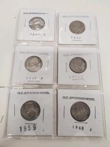 Jefferson Nickel Collection: 1941-P, 1947, 1948-P, 1954-D, 1959, 1960; Set of 6 Coins
