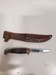 Vintage 8.5" Fixed-Blade Hunting Knife with Leather Handle and Brown Leather Sheath, USA