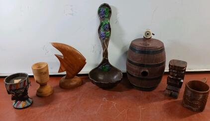 Mixed Lot: Hand-Carved Wooden Tiki Mugs, Fish Sculpture, Barrel Decanter & Ornate Ladle
