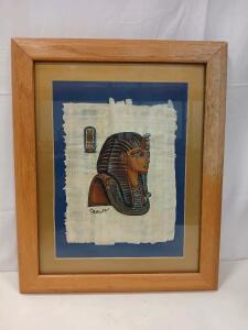 Framed Hand Painted Egyptian Papyrus Tutankhamun Mask by Mohamed Ali, COA, 19.5"x15.5"