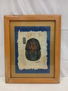 Handmade Egyptian Papyrus King Tutankhamun Painting Framed, COA, Mohamed Ali, 18"x22"