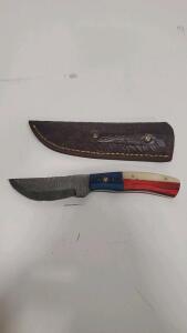 Damascus Steel Fixed-Blade Knife, Texas Flag Handle, 8" with Leather Sheath