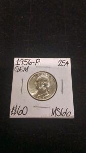1956-P Washington Quarter, MS66, 90% Silver, Philadelphia Mint, Gem Uncirculated, 25c Coin