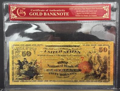 24K Gold Replica $50 First National Bank of Cleveland Note w/ COA, WE99999999 Serial