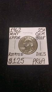 1962 Washington Quarter Proof Rotated Die Mint Error, GEM PROOF, PR69, 90% Silver