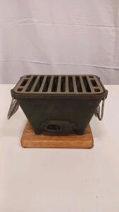 Cast Iron Tabletop Charcoal Hibachi Grill with Wooden Base and Steel Handles, 8" Cooking Surface