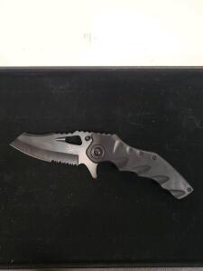 Tactical Folding Knife, Tanto 3.5" Partially Serrated Blade, Liner Lock, Skull Marking, Black Handle