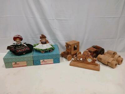 Madame Alexander Austria & Finland Dolls w/ Original Boxes, Lot of Handcrafted Wooden Toy Vehicles & Lion Clock