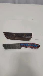 Custom Damascus-Style Fixed-Blade Knife, Cleaver Edge, Blue/Red Handle, Leather Sheath