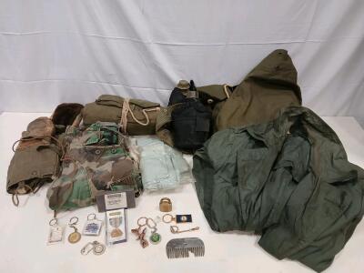 Military Surplus Lot: US Army Uniform, 1985 Armed Forces Reserve Medal, Keychains, Padlocks, Comb