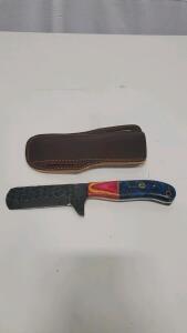 Handmade Fixed-Blade Cleaver Knife, Hammered Carbon Steel, Mosaic Pin Handle, Leather Sheath