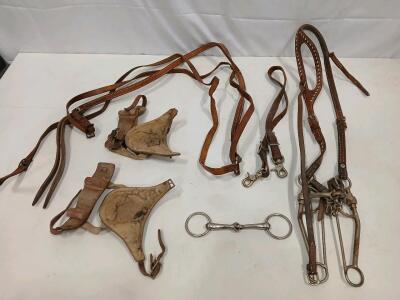 Horse Tack Set: Western Bridle, Curb & Snaffle Bits, Leather Reins, Sheepskin Skid Boots, Leather