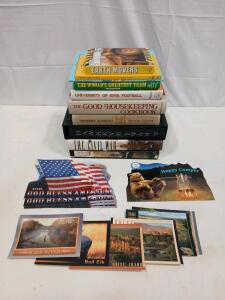 Large Mixed Book Lot: Marvel Avengers Art, Hawkeye 1968, Good Housekeeping, Civil War, Iowa Football + Postcards & Stickers
