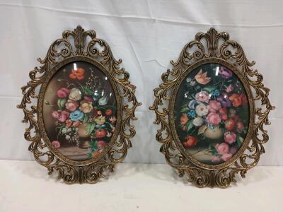 Pair Ornate Framed Floral Still Life Prints, Oval Vintage Gold Resin, 17"x23" Mid-Century Wall Decor