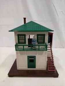 Vintage O Scale Model Railroad Signal Tower, Mechanical Action, 2 Figures, Green Roof, 8"x8"x10"