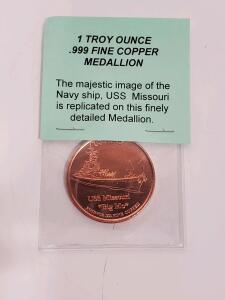 USS Missouri "Big Mo" 1 Troy Oz .999 Fine Copper Medallion &ndash; Eagle Reverse, Uncirculated