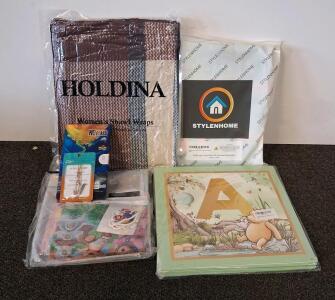 Mixed Lot: Shawl, Screen Protector, Kids&rsquo; Learning Kit, Decor, Glass Bottle, Necklace, & More