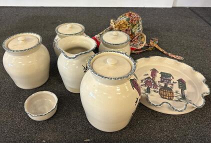 Hand-Painted Ceramic Canister Set with Birdhouse Motif, Pitcher, Plate, Bowl & Bonnet