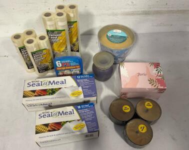 Rival Seal-A-Meal Bags & Rolls Bundle, Great Value Vacuum Sealer Rolls, 6-Pc Food Container Set, Mainstays Citronella 30Oz Bucket, Jorio Gift Candle, French Lavender Jar, Citronella Tins