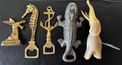 Set of 5 Vintage Novelty Animal & Nautical Brass Bottle Openers &ndash; Donkey, Seahorse, Anchor, Lizard, Elephant