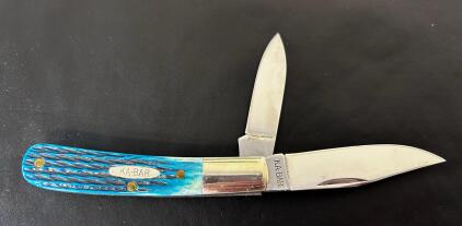 KA-BAR Trapper Folding Pocket Knife, Blue Jigged Bone Handle, 2 Blades, KLO90 Tang Stamp