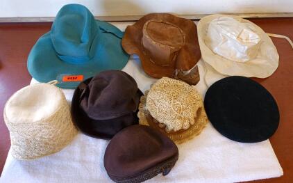 Lot of 8 Light Blue Wool Felt Wide Brim Women's Dress Hat with Grosgrain Ribbon Bow, 4" Brim And More