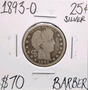 1893-O Barber Quarter, 90% Silver, New Orleans Mint, Genuine Circulated U.S. 25&cent; Coin