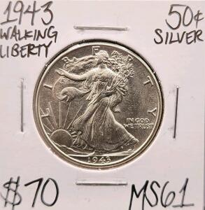 1943 Walking Liberty Half Dollar, MS61, 90% Silver, 30.6mm, US Coin