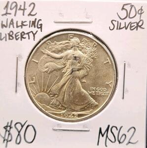 1942 Walking Liberty Half Dollar, MS62, 90% Silver, 50&cent; Coin, U.S. Mint, Adolph A. Weinman Design