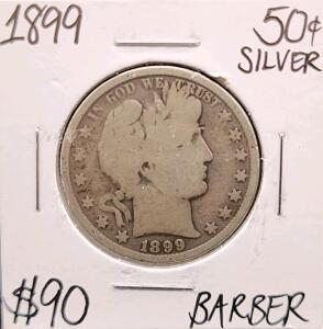 1899 Barber Half Dollar, 90% Silver, Circulated, Charles Barber Design