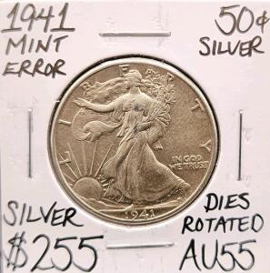 1941 Walking Liberty Half Dollar Rotated Dies Mint Error