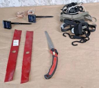 (1) 18" 2-Blade Set For Murray Riding Mower, 20930, (1) 9" Folding Limb Saw, (2) Solar Powered LED String Lights & Assorted Tie Downs