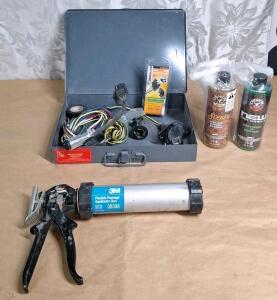 (1) 3M Flexible Package Applicator Gun 08398 - For Seam Sealer & Windshield Urethane, (2) 16-Oz Bottles Of Automotive Air Freshener Spray & (1) Metal Storage Box W/ Assorted Trailer Wiring Supplies