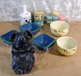 (1) Ceramic Cookie Jar, (5) Decorative Bowls, (7) Baby Food Jars, (1) Milk Pitcher & (1) Decorative Coffee Tin