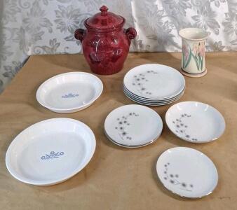 (2) 9" Corning Ware Pie Plates, (9) Pieces Of Platinum Starburst China, (1) Large Ceramic Cookie Jar & (1) Floral Ceramic Kitchen Utencil Holder