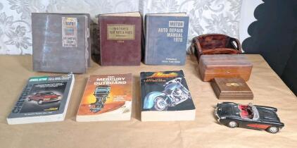 (6) Assorted Repair & Parts Manuals, (3) Small Wooden Boxes & (1) Die Cast 1957 Chevrolet Corvette