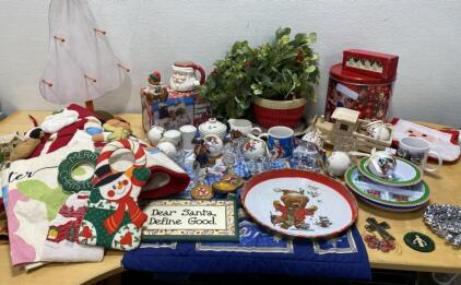 Large Assorted Christmas Holiday Lot, Tableware, Decor, Ornaments, Santa, Teddy Bear, Signs