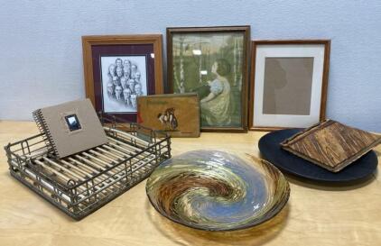 Vintage Mixed Home Decor Lot &ndash; Art, Glass Swirl Bowl, Desk Tray, Framed Prints, Albums