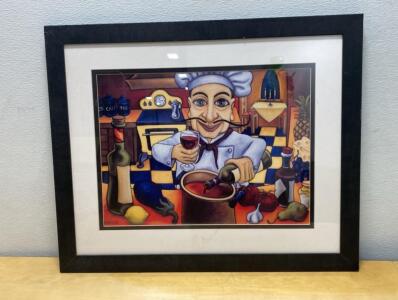 Will Rafuse Framed Art Print, Cartoon Chef Kitchen Scene, 28"x22" Black Frame