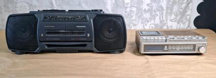 (1) Vintage Magnavox AM/FM Dual Cassette Boom Box & (1) Vintage GE Alarm Clock Radio /Tape Recorder
