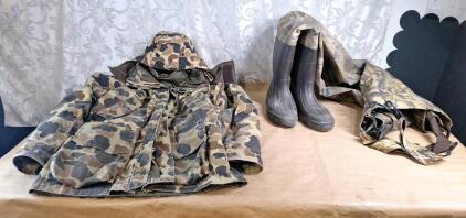 (1) Vintage Columbia Gore-Tex - Duck Camo Jacket W/ Liner & Hood, Men's Tall XL & (1) Pair Of Camouflage Bootfoot Waders, Unknown Size
